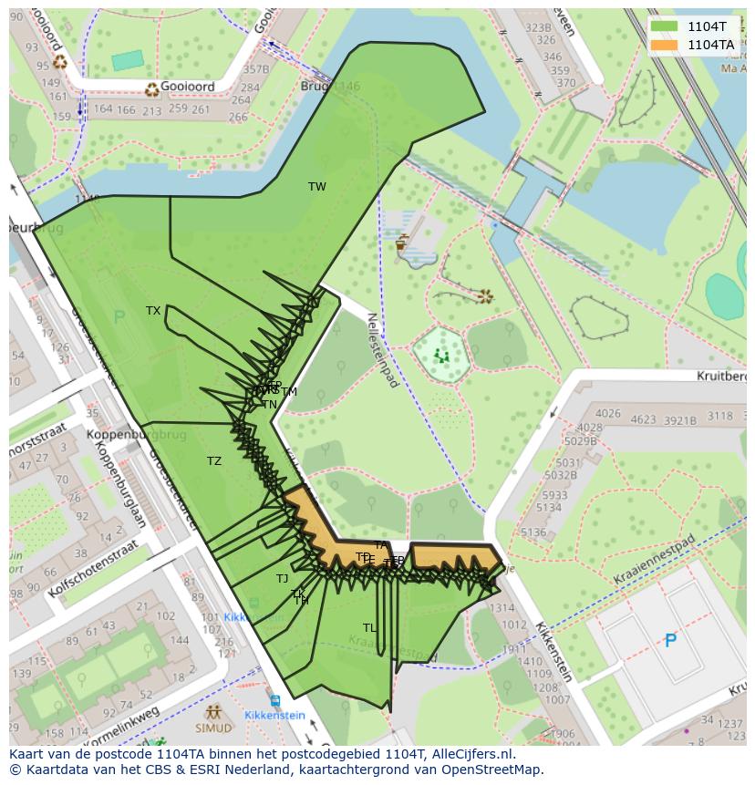 Afbeelding van het postcodegebied 1104 TA op de kaart.
