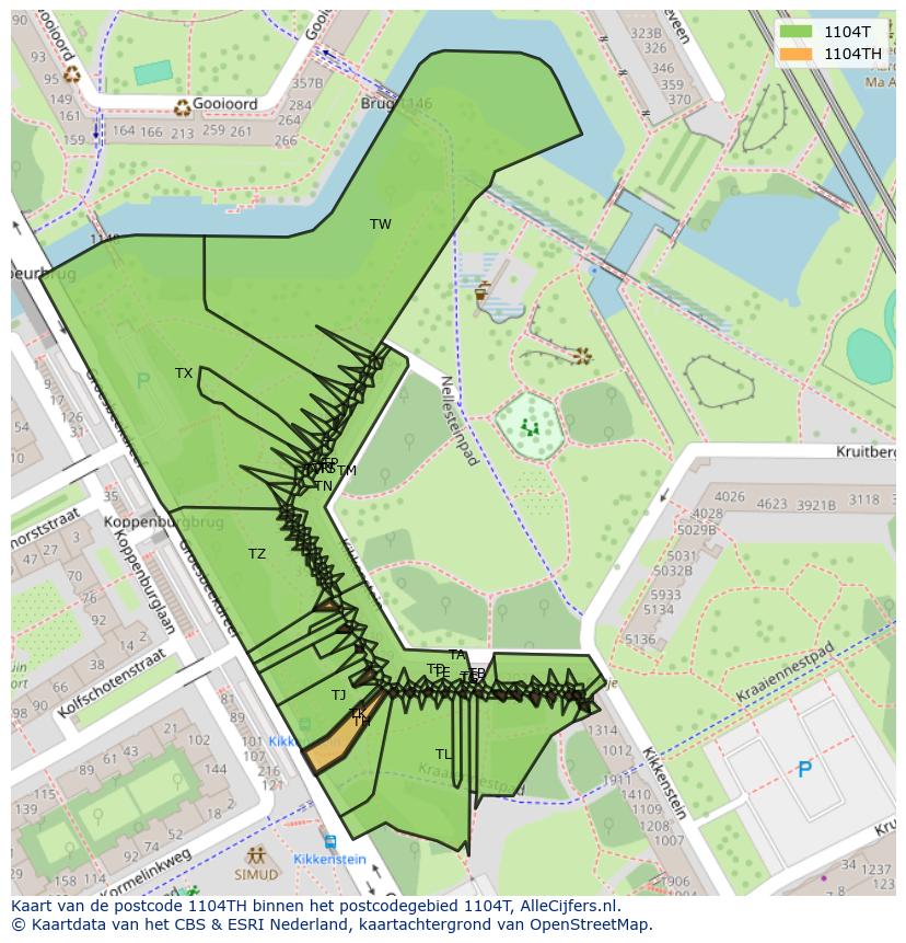 Afbeelding van het postcodegebied 1104 TH op de kaart.