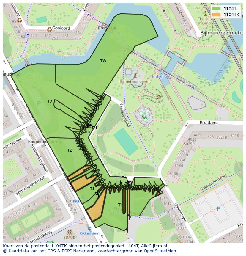 Afbeelding van het postcodegebied 1104 TK op de kaart.
