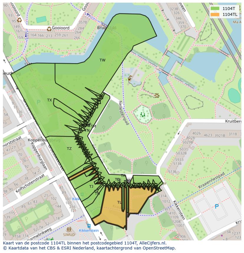 Afbeelding van het postcodegebied 1104 TL op de kaart.