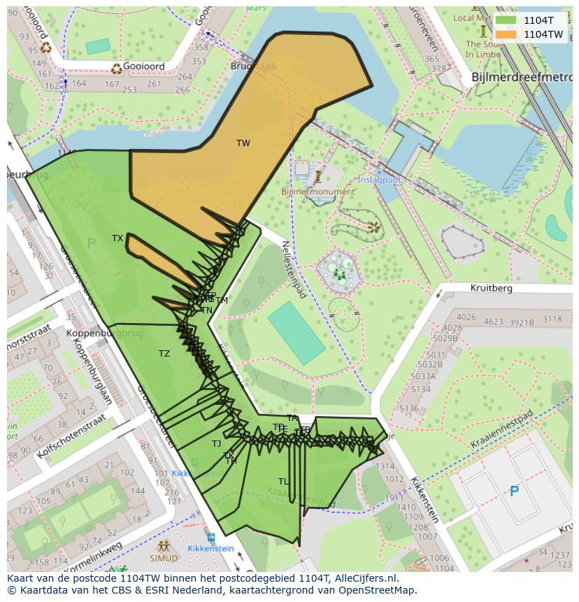 Afbeelding van het postcodegebied 1104 TW op de kaart.