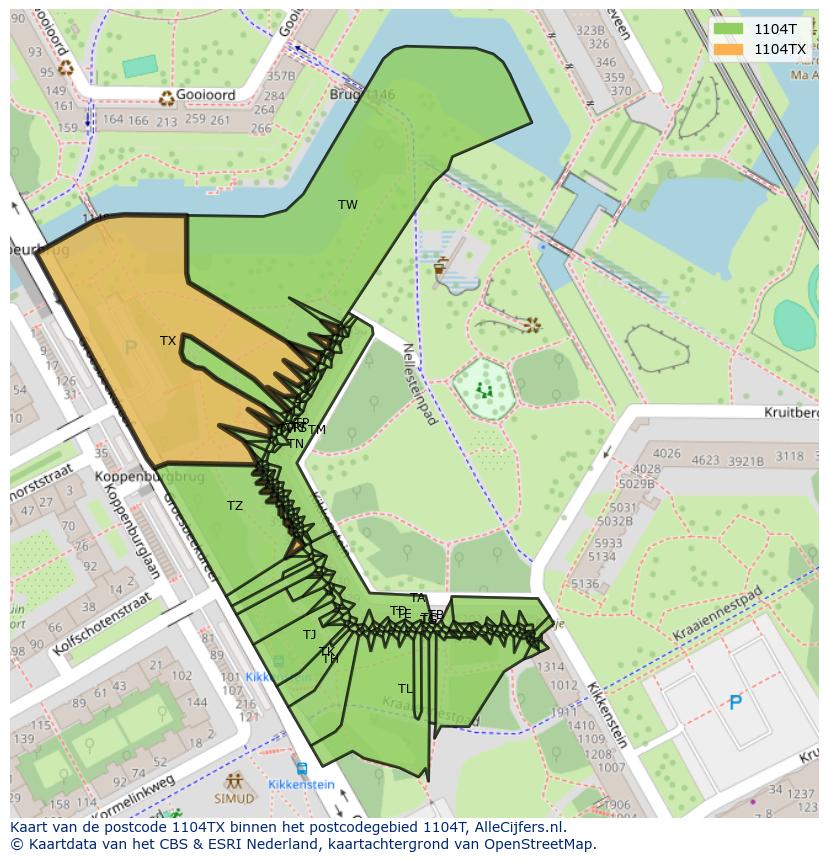 Afbeelding van het postcodegebied 1104 TX op de kaart.