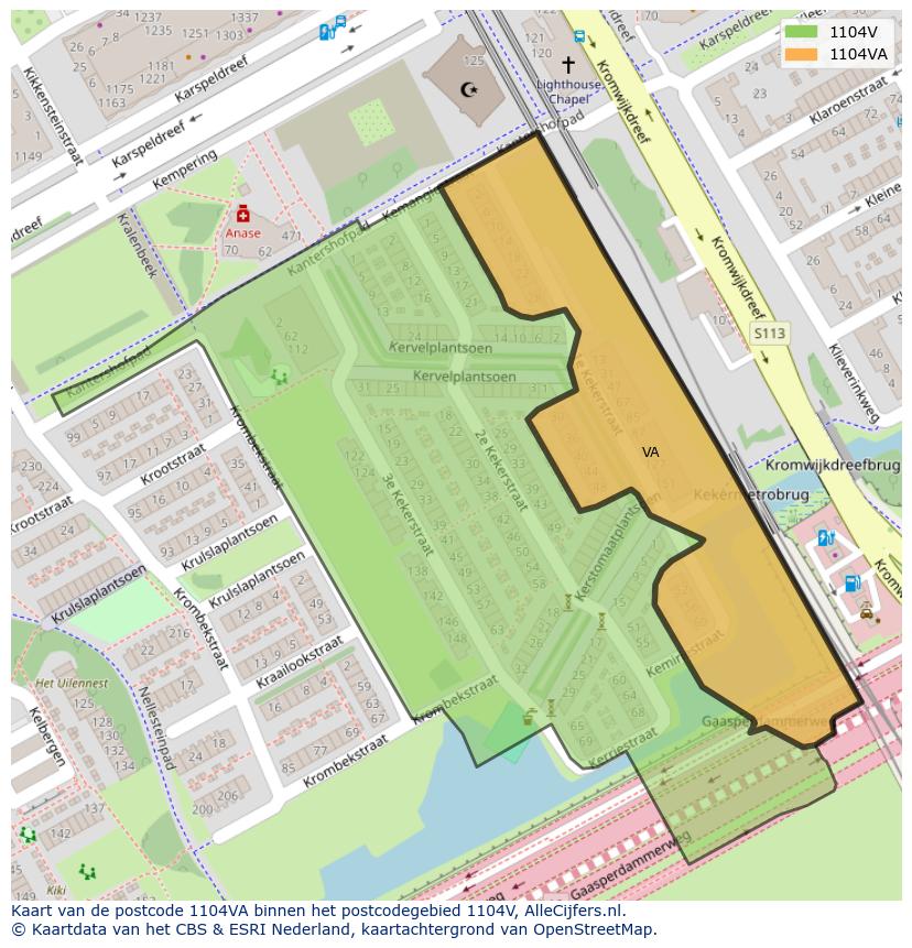 Afbeelding van het postcodegebied 1104 VA op de kaart.