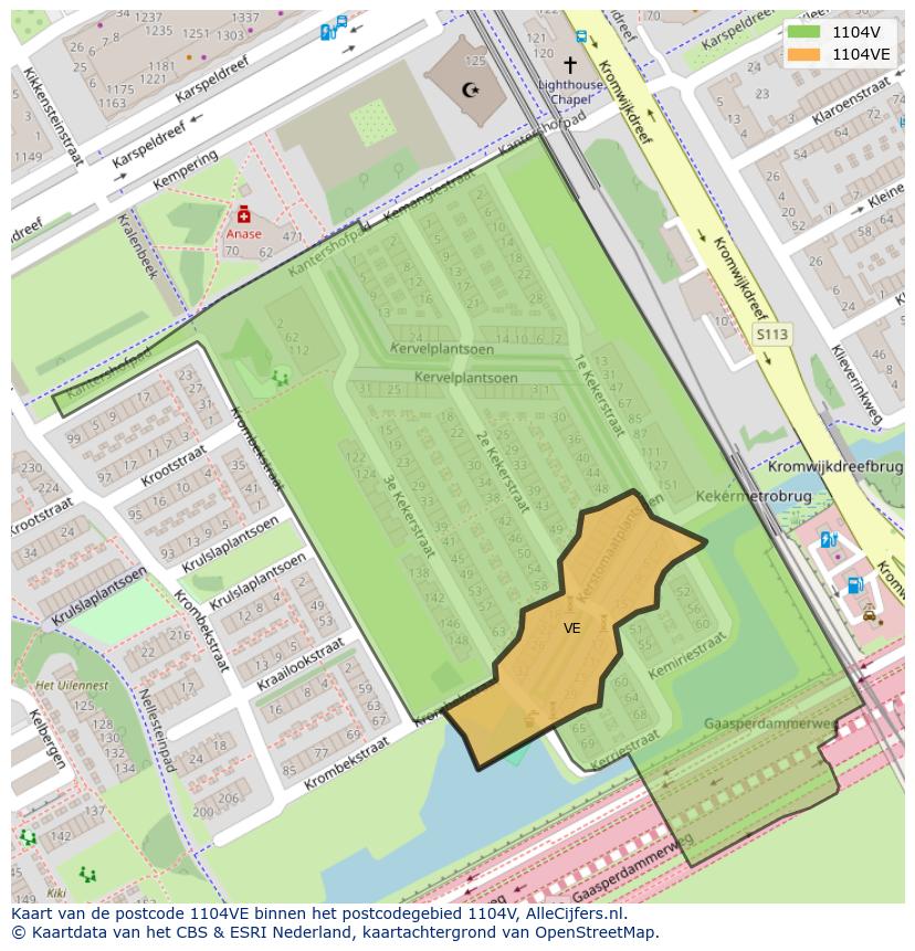 Afbeelding van het postcodegebied 1104 VE op de kaart.