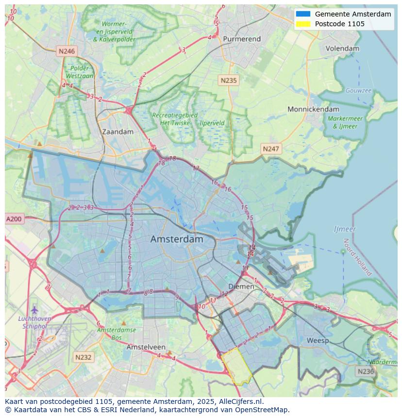 Afbeelding van het postcodegebied 1105 op de kaart.