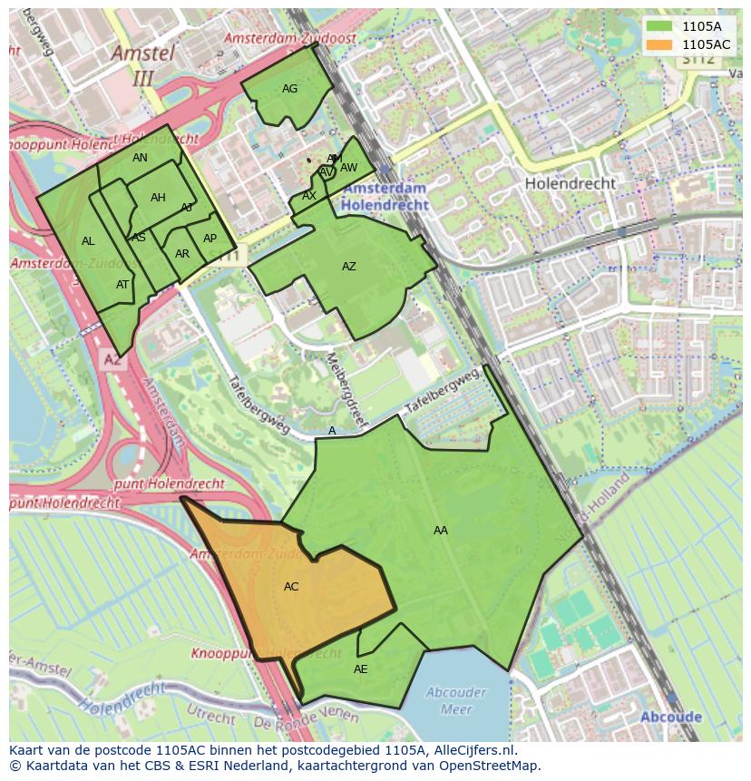 Afbeelding van het postcodegebied 1105 AC op de kaart.