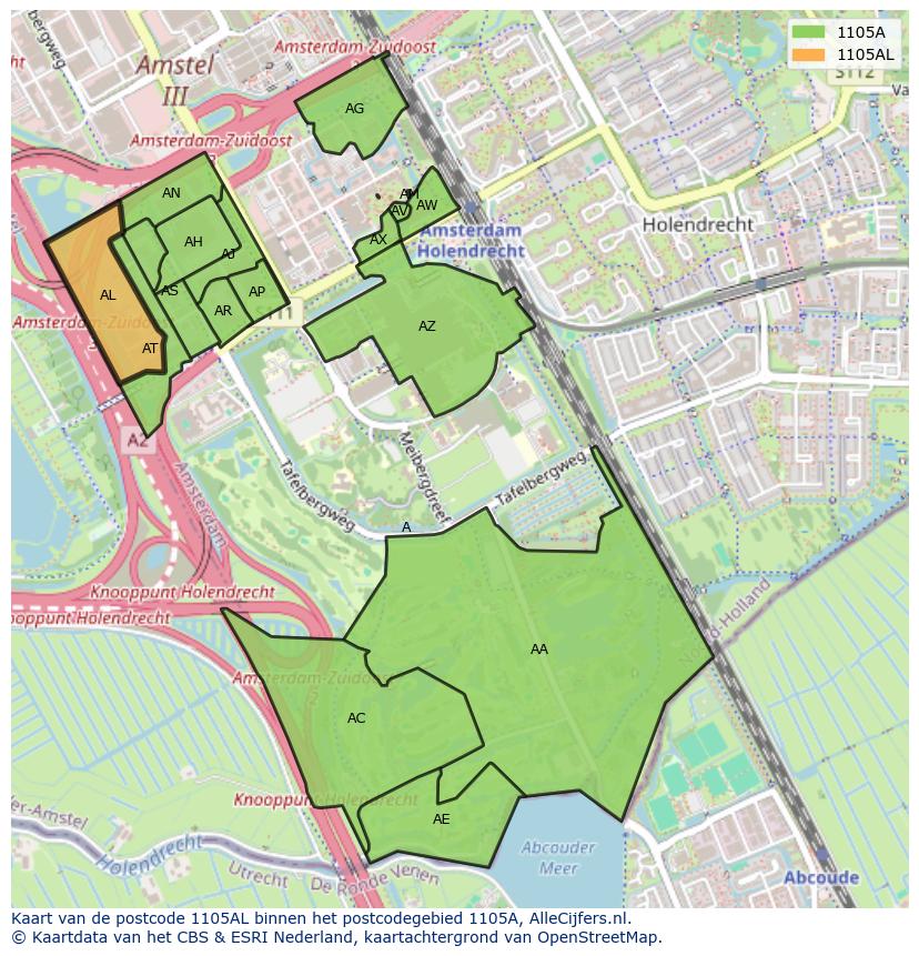 Afbeelding van het postcodegebied 1105 AL op de kaart.