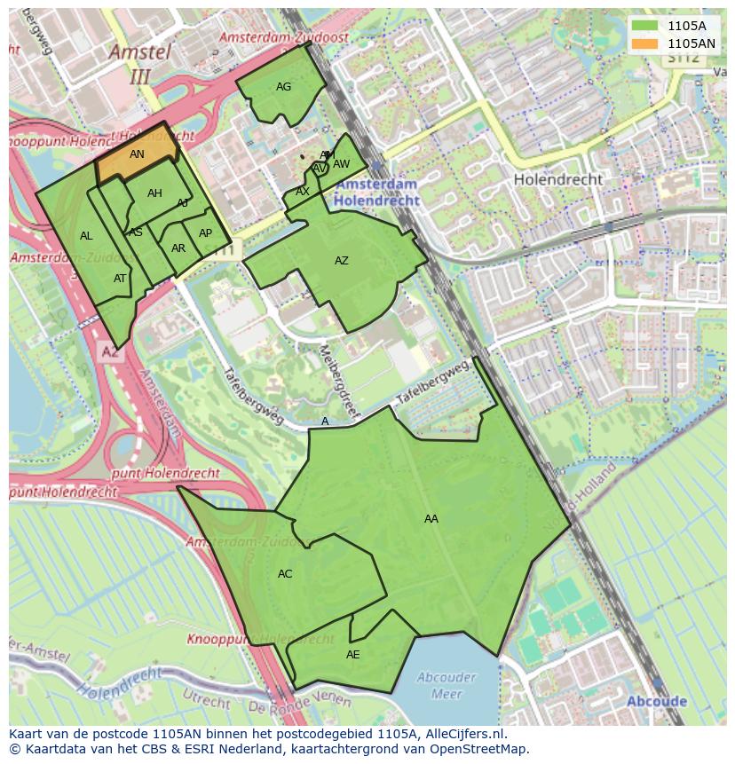 Afbeelding van het postcodegebied 1105 AN op de kaart.