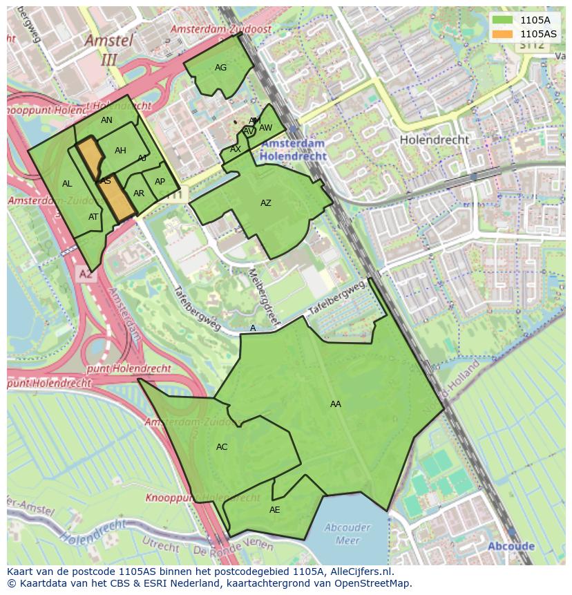 Afbeelding van het postcodegebied 1105 AS op de kaart.