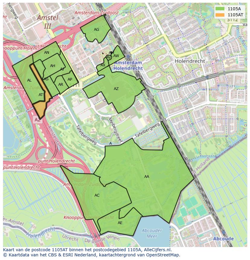 Afbeelding van het postcodegebied 1105 AT op de kaart.