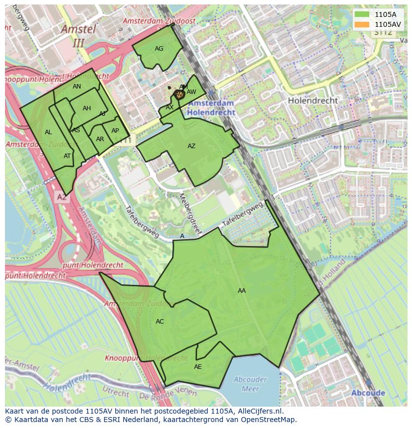 Afbeelding van het postcodegebied 1105 AV op de kaart.