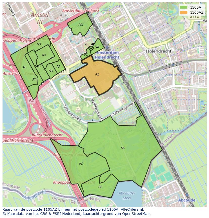 Afbeelding van het postcodegebied 1105 AZ op de kaart.