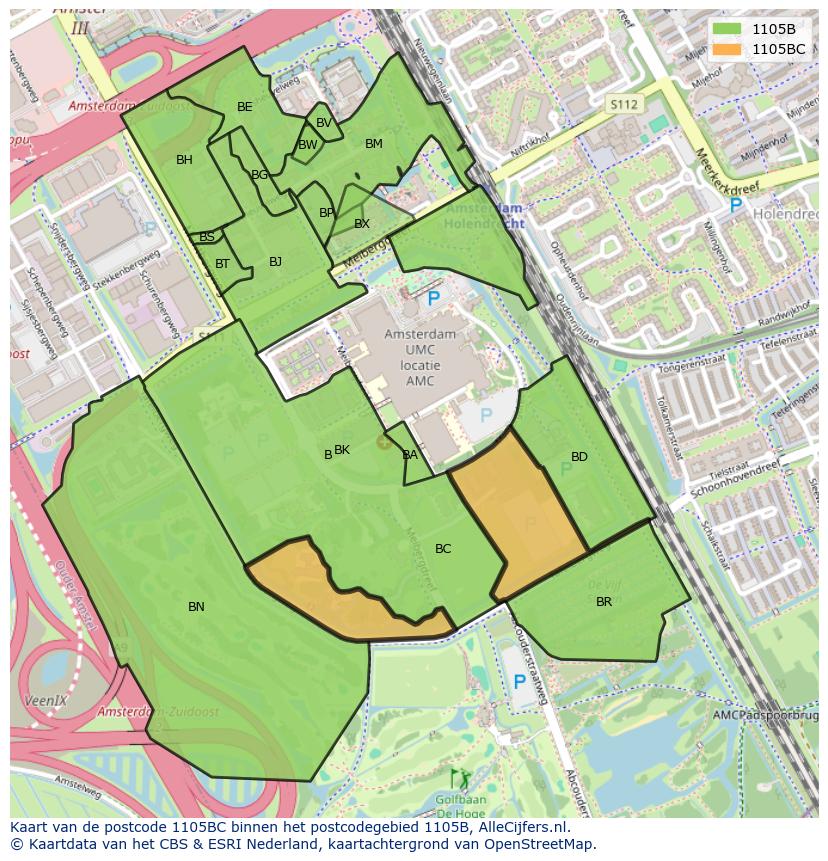 Afbeelding van het postcodegebied 1105 BC op de kaart.