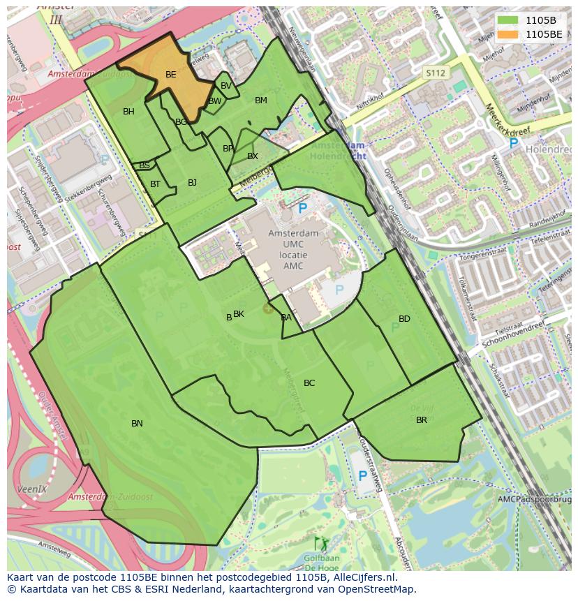 Afbeelding van het postcodegebied 1105 BE op de kaart.