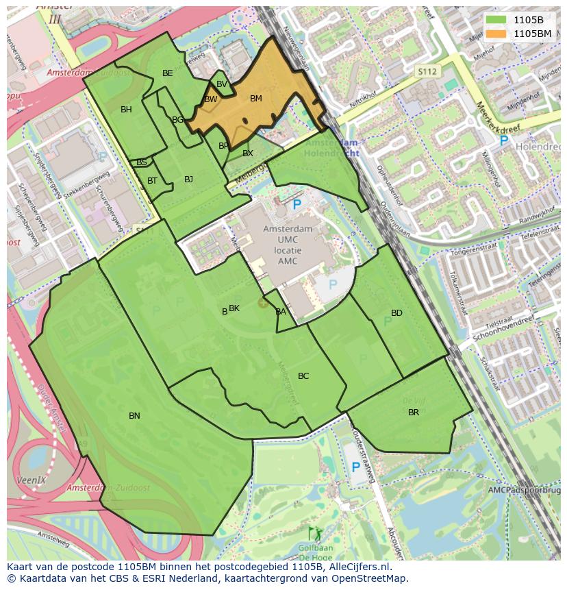Afbeelding van het postcodegebied 1105 BM op de kaart.
