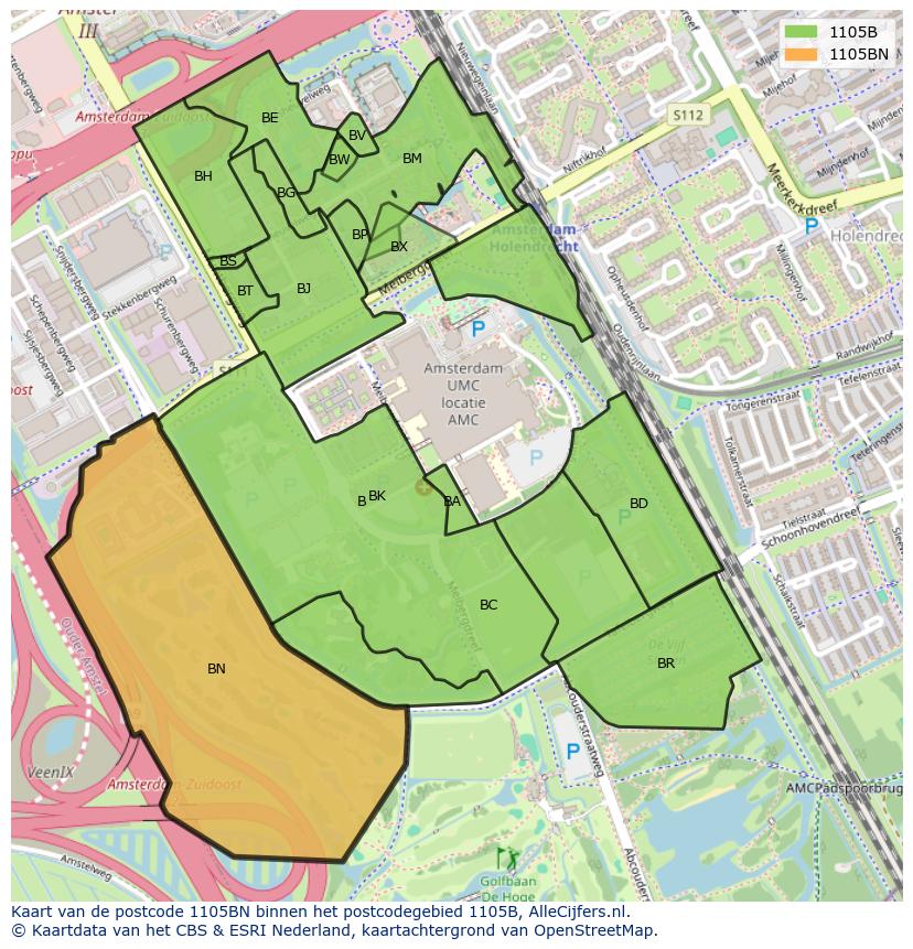Afbeelding van het postcodegebied 1105 BN op de kaart.