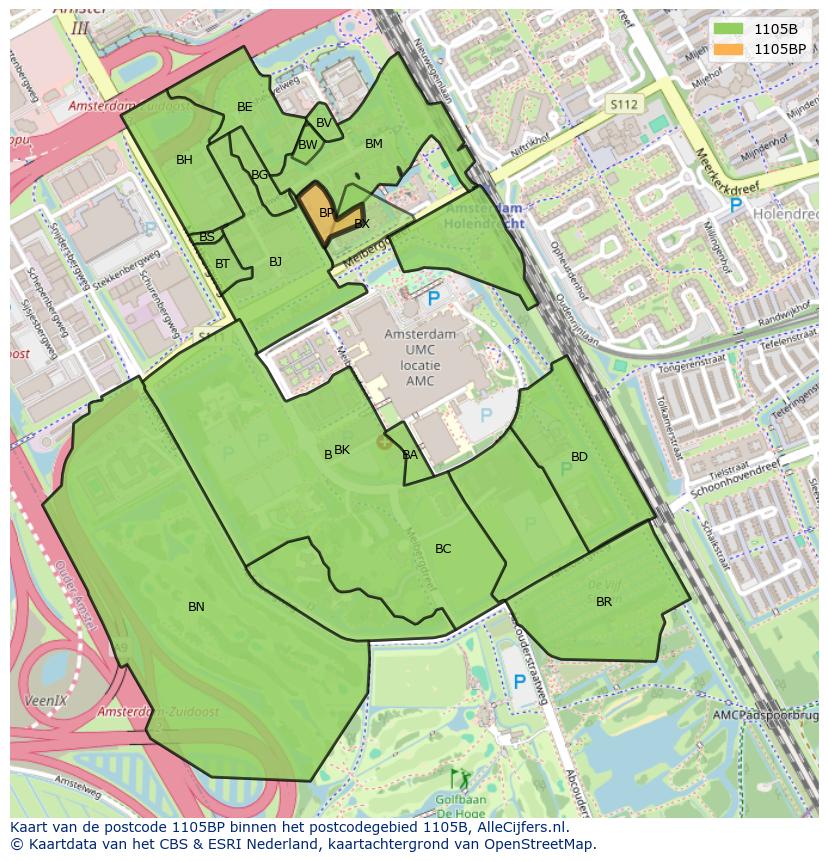 Afbeelding van het postcodegebied 1105 BP op de kaart.