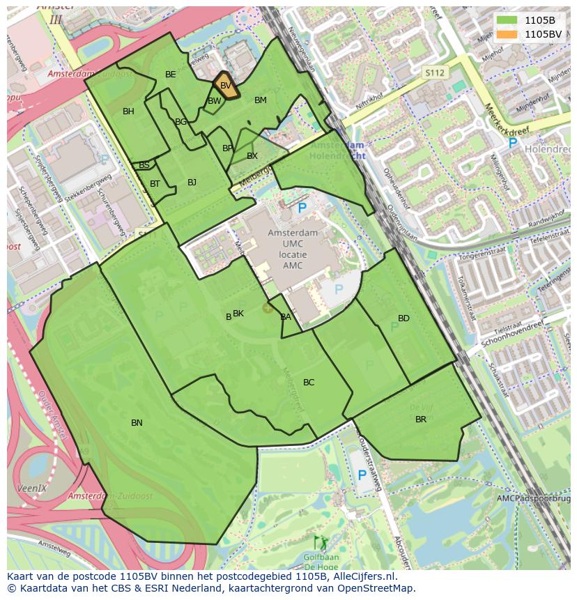 Afbeelding van het postcodegebied 1105 BV op de kaart.