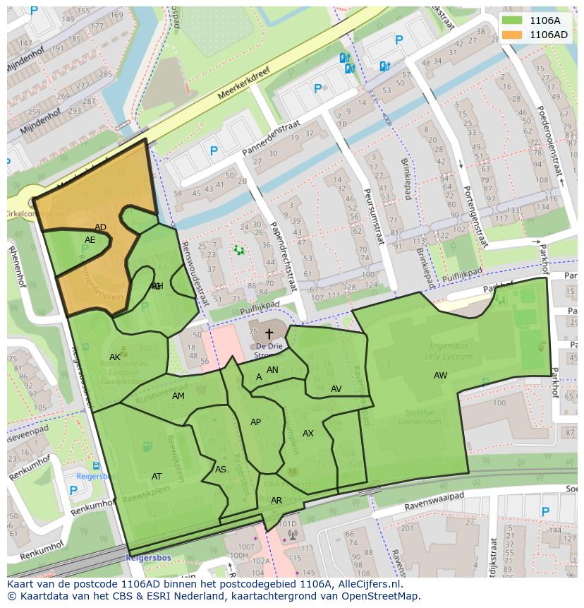 Afbeelding van het postcodegebied 1106 AD op de kaart.