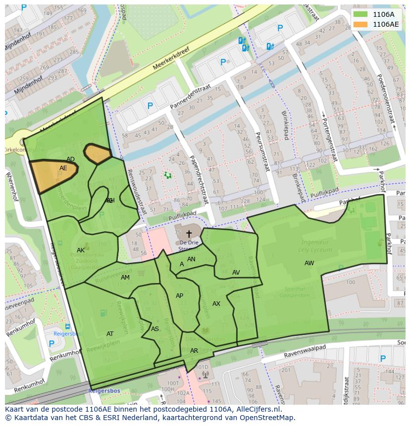 Afbeelding van het postcodegebied 1106 AE op de kaart.