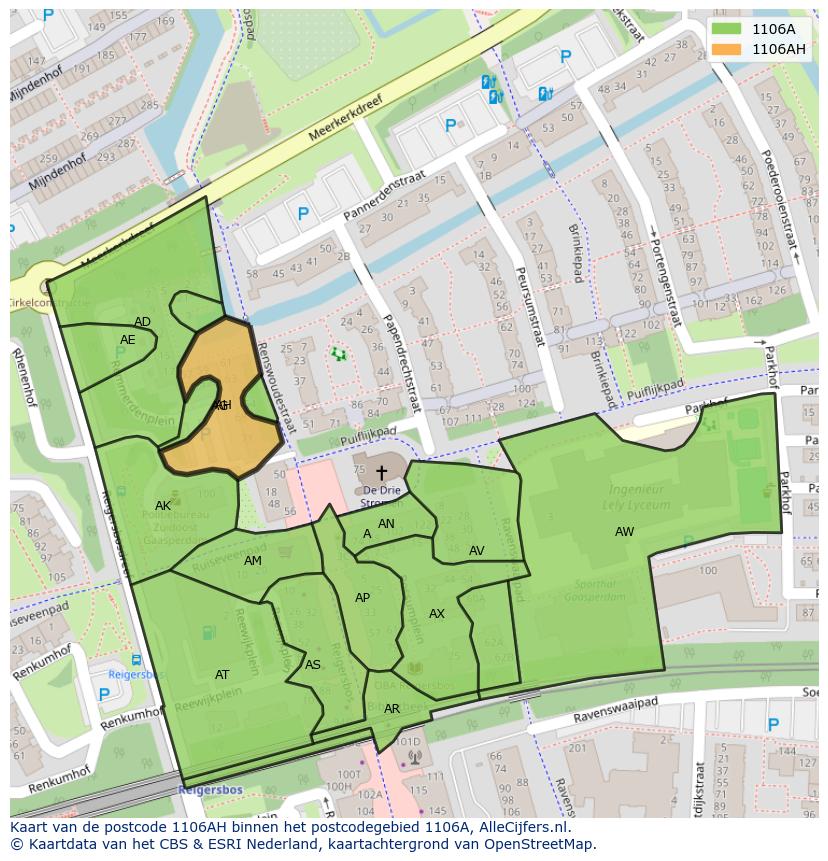 Afbeelding van het postcodegebied 1106 AH op de kaart.