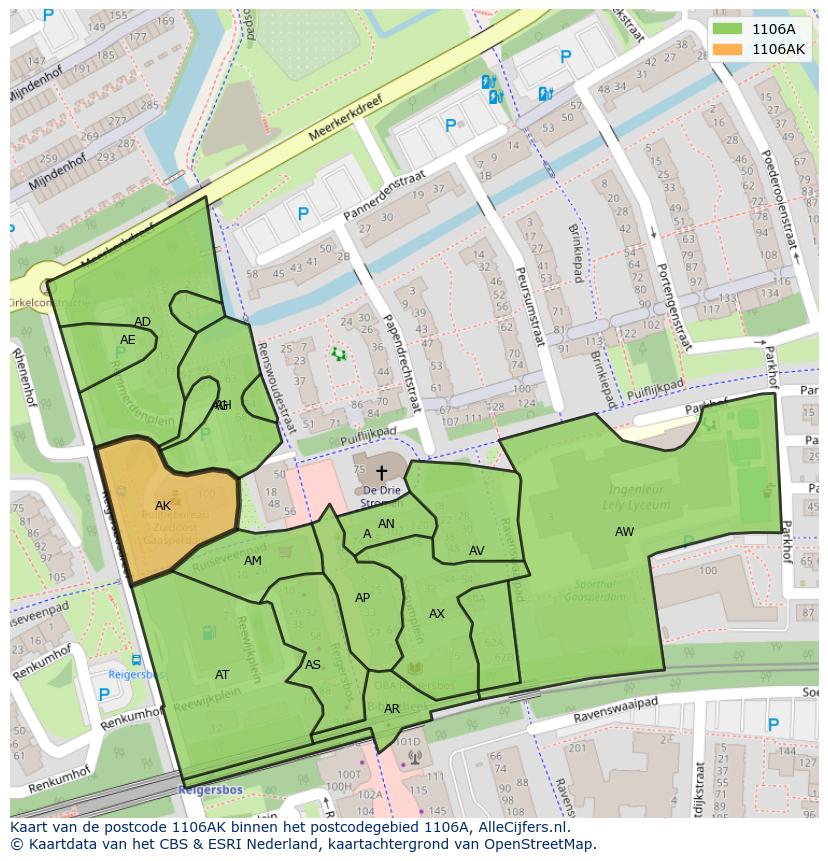 Afbeelding van het postcodegebied 1106 AK op de kaart.