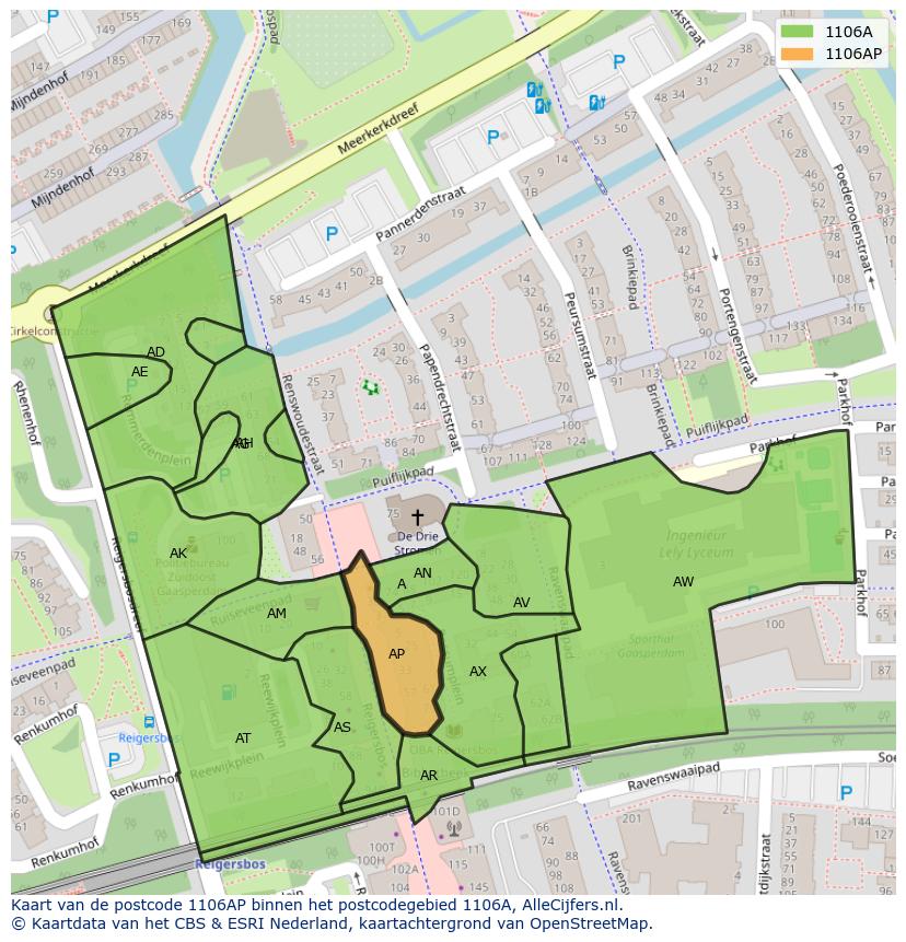 Afbeelding van het postcodegebied 1106 AP op de kaart.