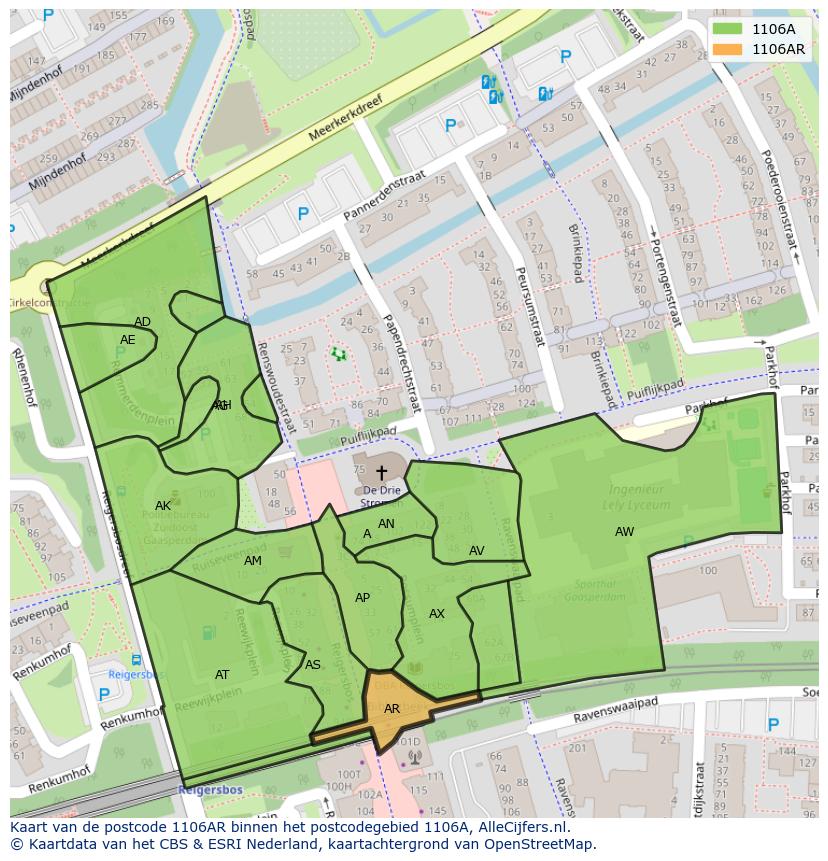 Afbeelding van het postcodegebied 1106 AR op de kaart.