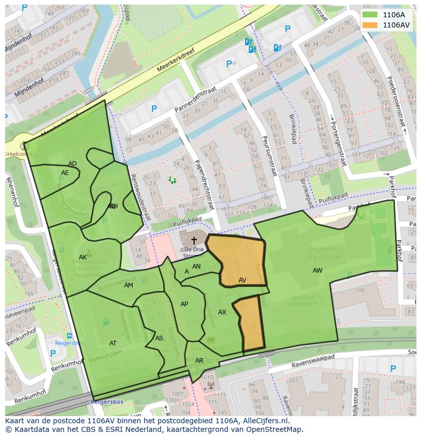 Afbeelding van het postcodegebied 1106 AV op de kaart.