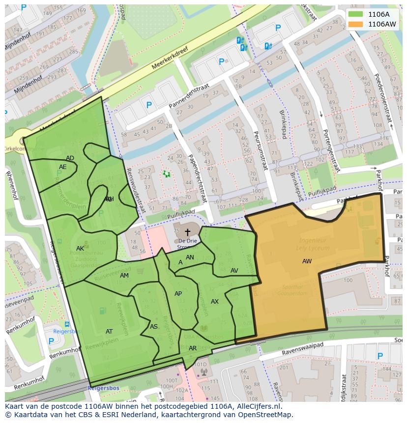 Afbeelding van het postcodegebied 1106 AW op de kaart.