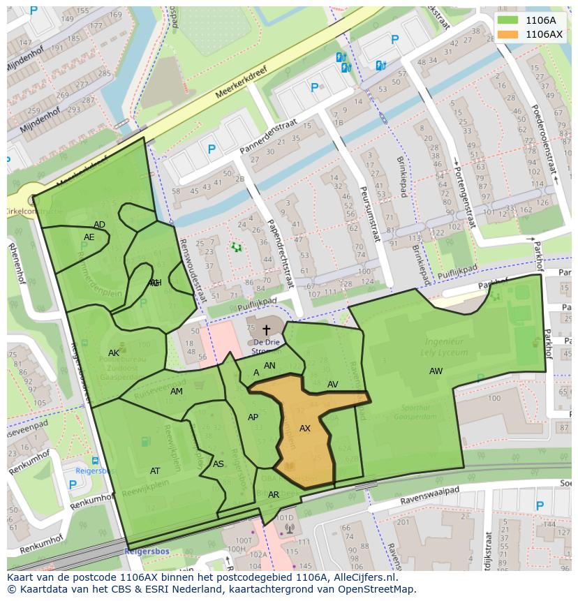 Afbeelding van het postcodegebied 1106 AX op de kaart.