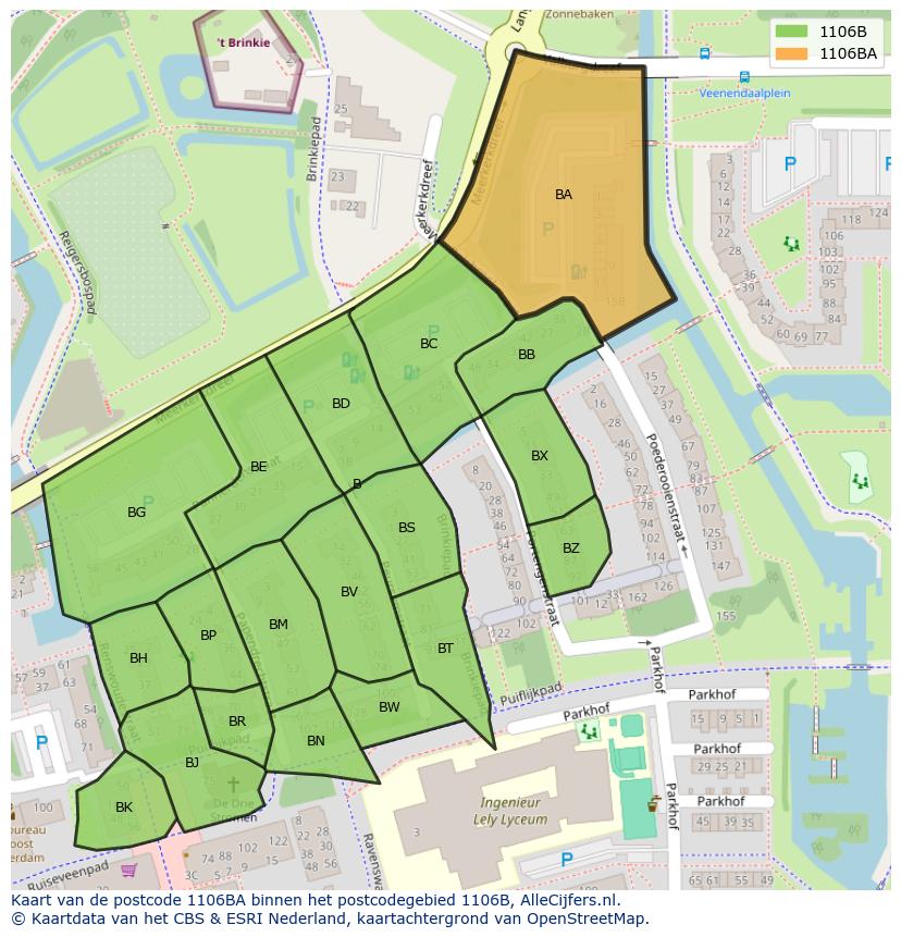 Afbeelding van het postcodegebied 1106 BA op de kaart.