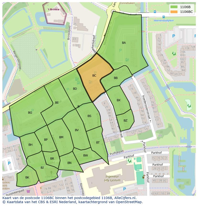 Afbeelding van het postcodegebied 1106 BC op de kaart.