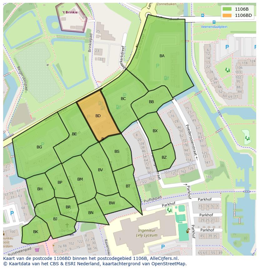 Afbeelding van het postcodegebied 1106 BD op de kaart.