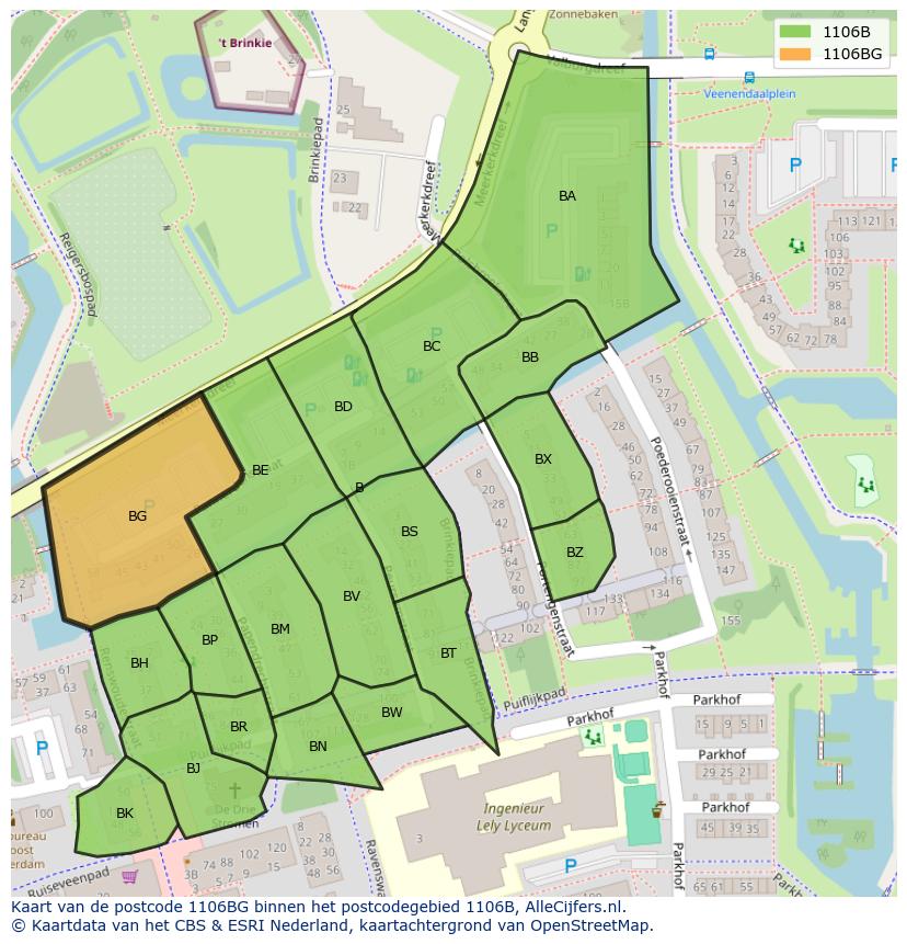 Afbeelding van het postcodegebied 1106 BG op de kaart.