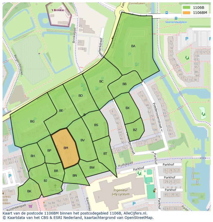 Afbeelding van het postcodegebied 1106 BM op de kaart.