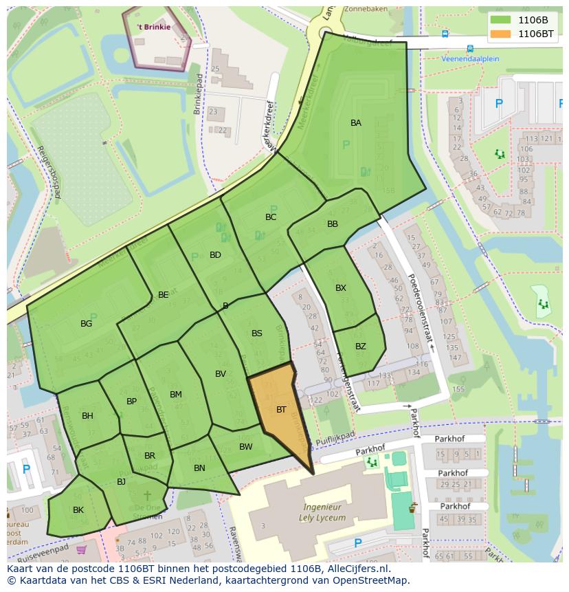Afbeelding van het postcodegebied 1106 BT op de kaart.