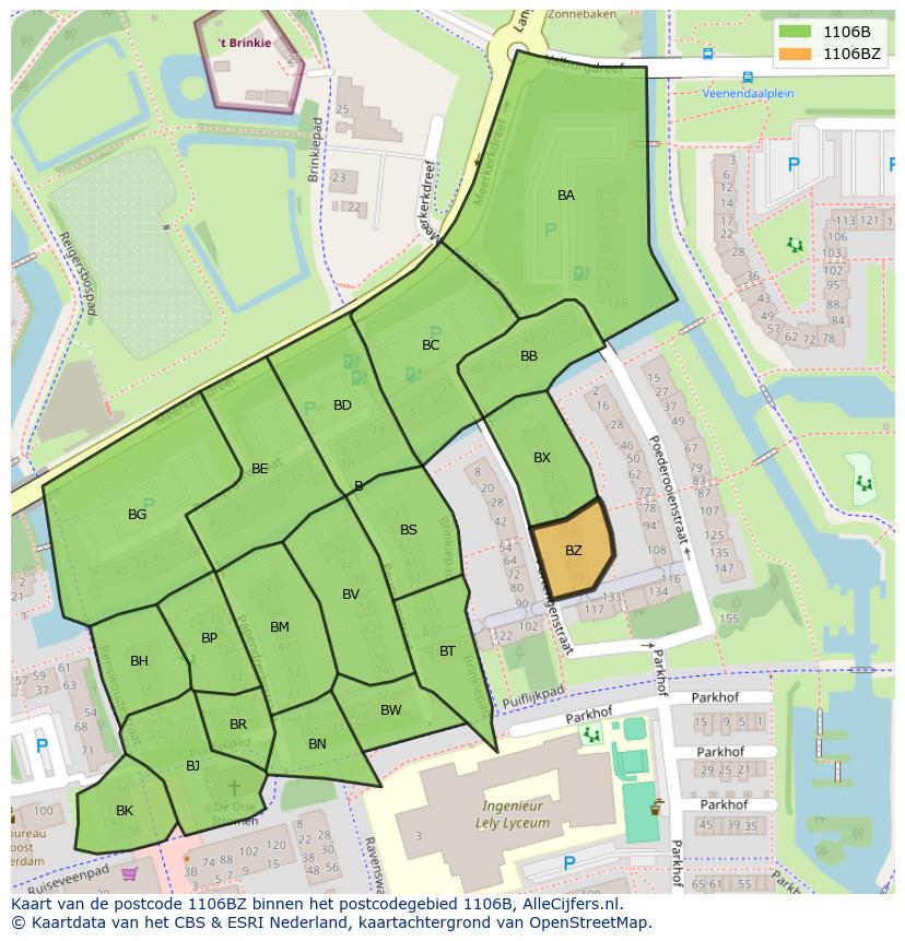 Afbeelding van het postcodegebied 1106 BZ op de kaart.