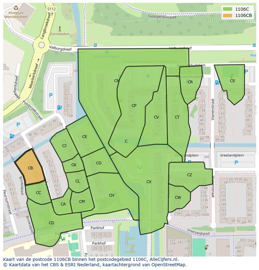 Afbeelding van het postcodegebied 1106 CB op de kaart.