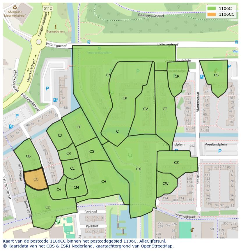 Afbeelding van het postcodegebied 1106 CC op de kaart.