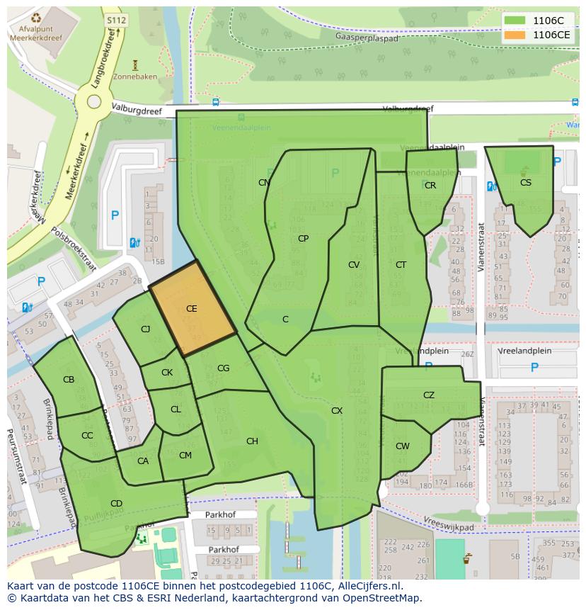 Afbeelding van het postcodegebied 1106 CE op de kaart.