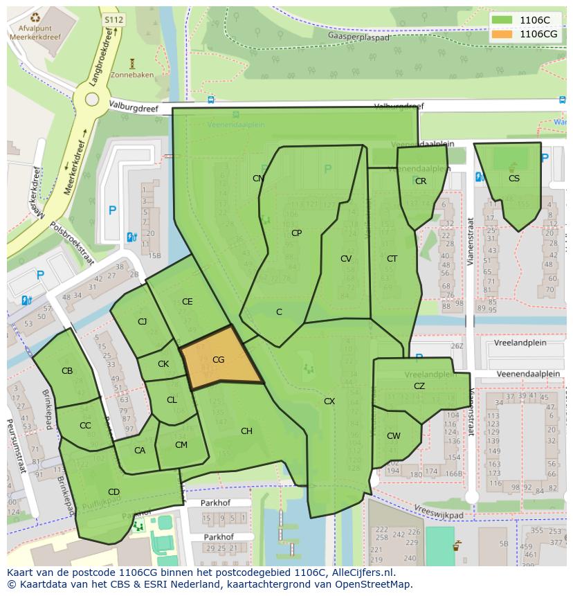 Afbeelding van het postcodegebied 1106 CG op de kaart.