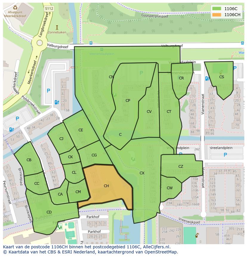 Afbeelding van het postcodegebied 1106 CH op de kaart.