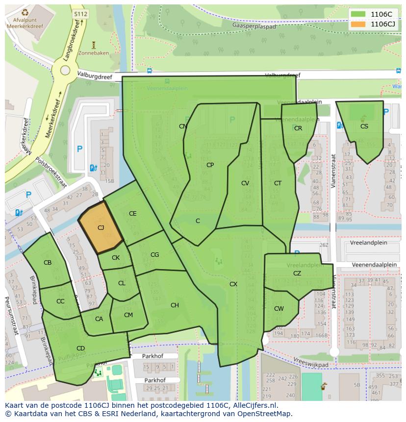 Afbeelding van het postcodegebied 1106 CJ op de kaart.