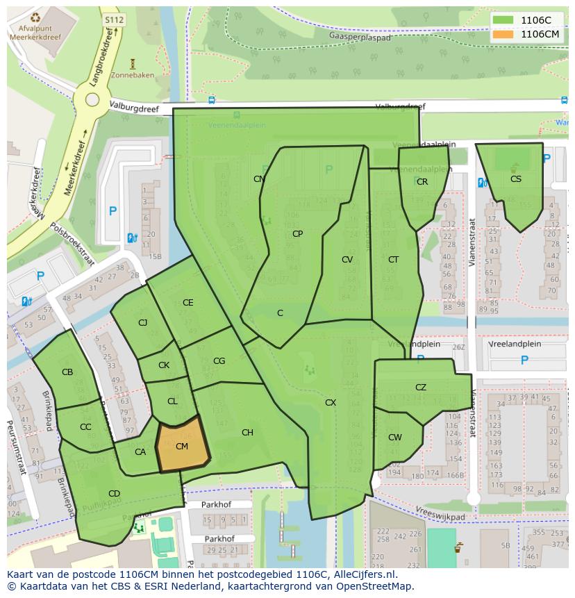 Afbeelding van het postcodegebied 1106 CM op de kaart.