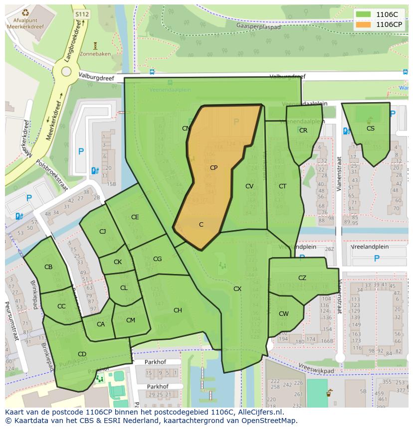 Afbeelding van het postcodegebied 1106 CP op de kaart.