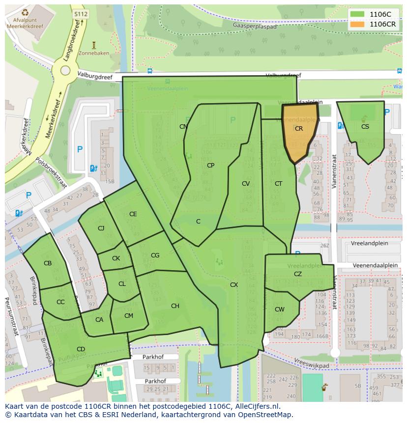 Afbeelding van het postcodegebied 1106 CR op de kaart.