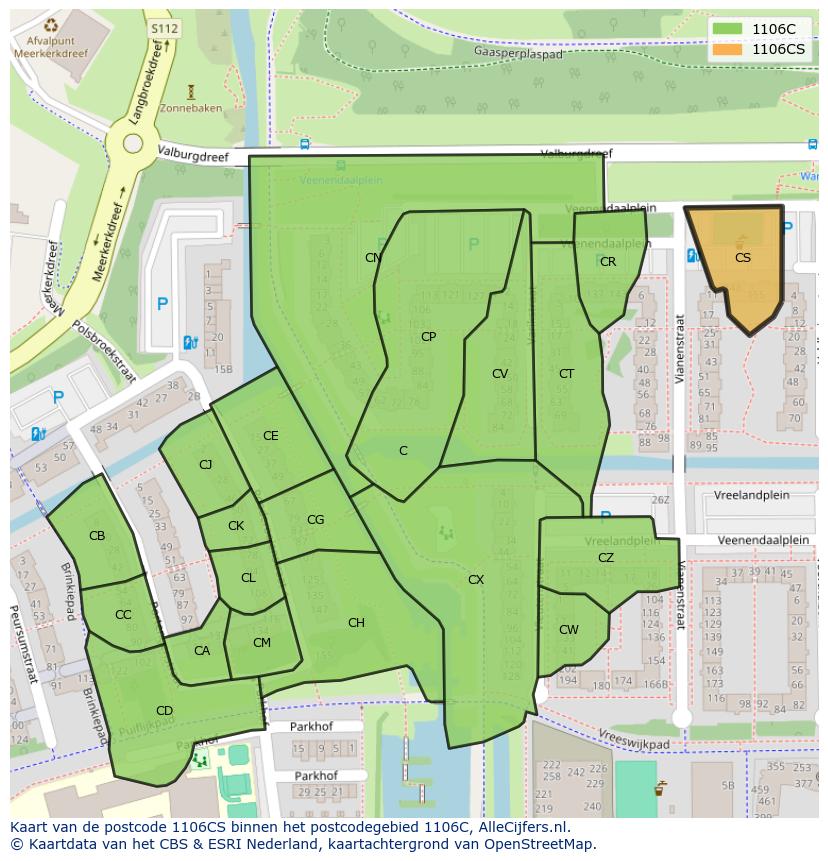 Afbeelding van het postcodegebied 1106 CS op de kaart.