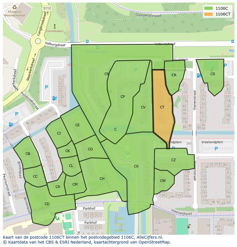Afbeelding van het postcodegebied 1106 CT op de kaart.