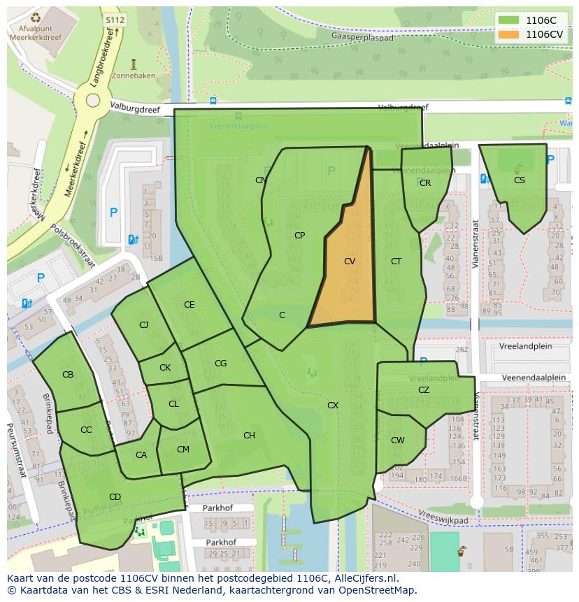 Afbeelding van het postcodegebied 1106 CV op de kaart.
